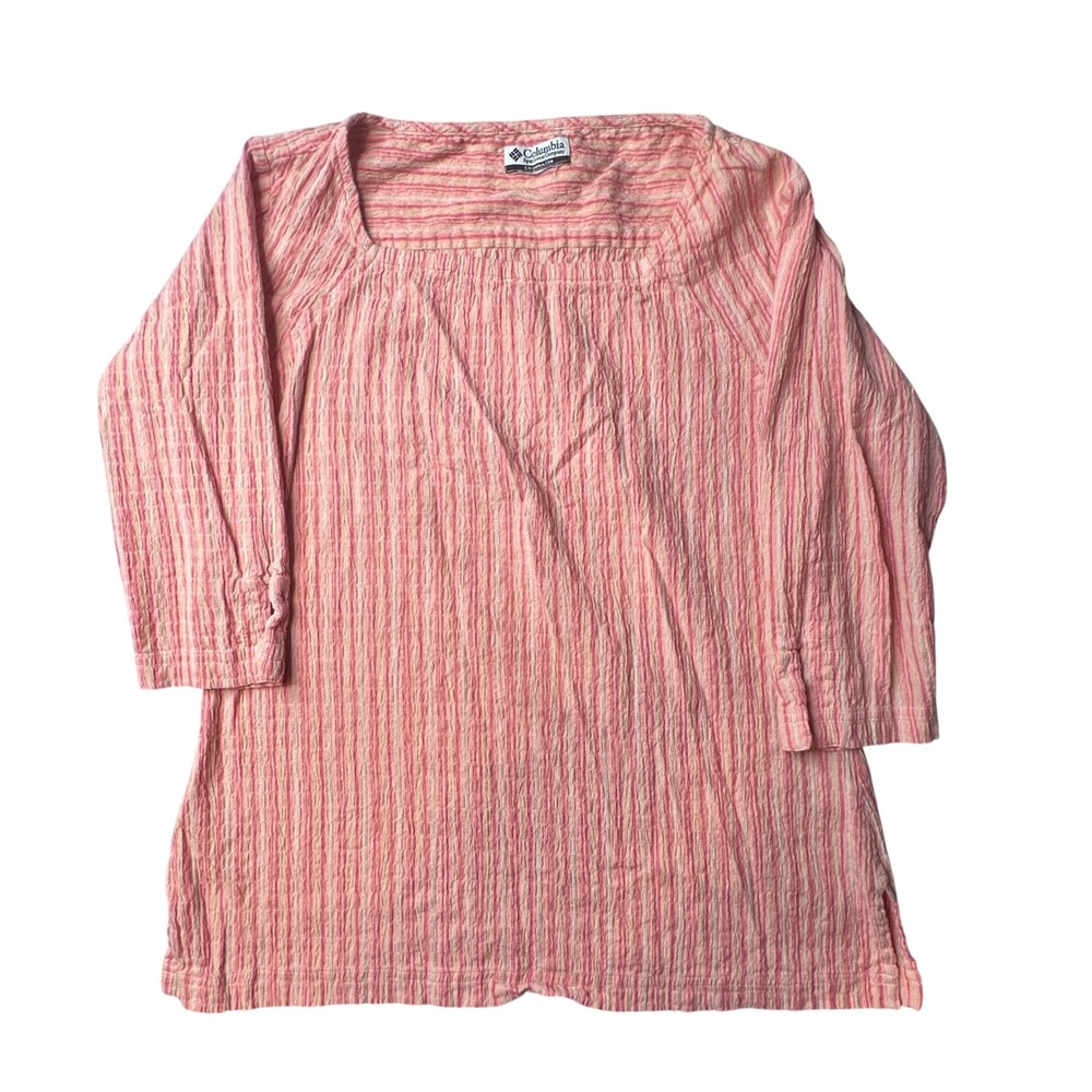 Columbia Top Womens L Pink Stripe AL7982 Seersucker 3/4 Sleeve Square Neck Tunic